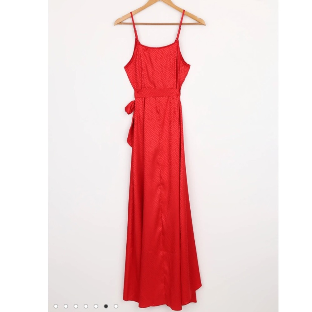 Keeping it Wild Red Satin Jacquard Midi Wrap Dress - Picture 3 of 3
